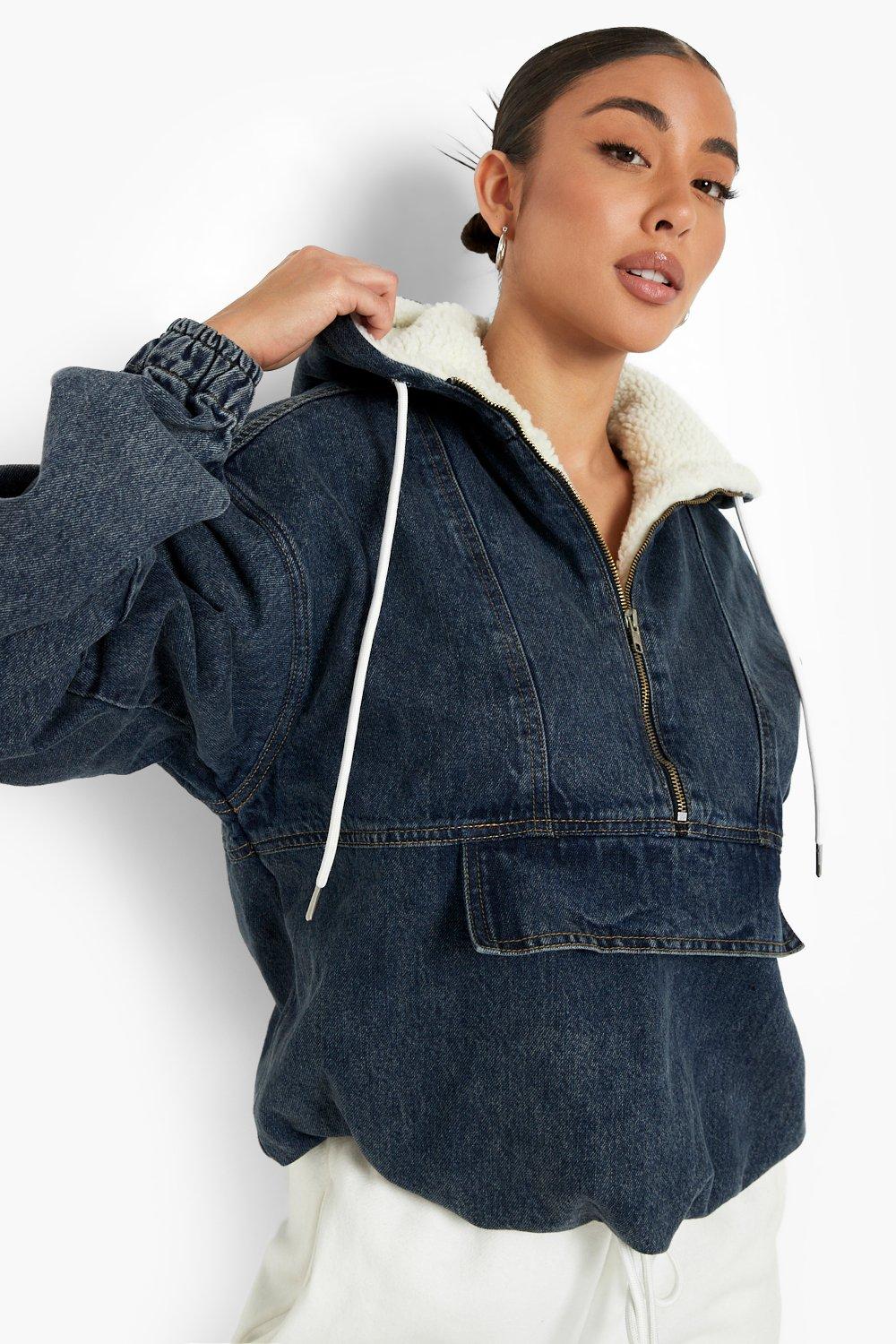 Veste en jean style sweat capuche avec doublure en polaire boohoo